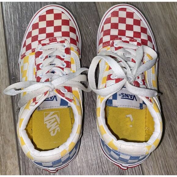Vans Off The Wall Youth US Size 1 Red Yellow Blue Checkerboard Shoes Old Skool - Picture 8 of 10